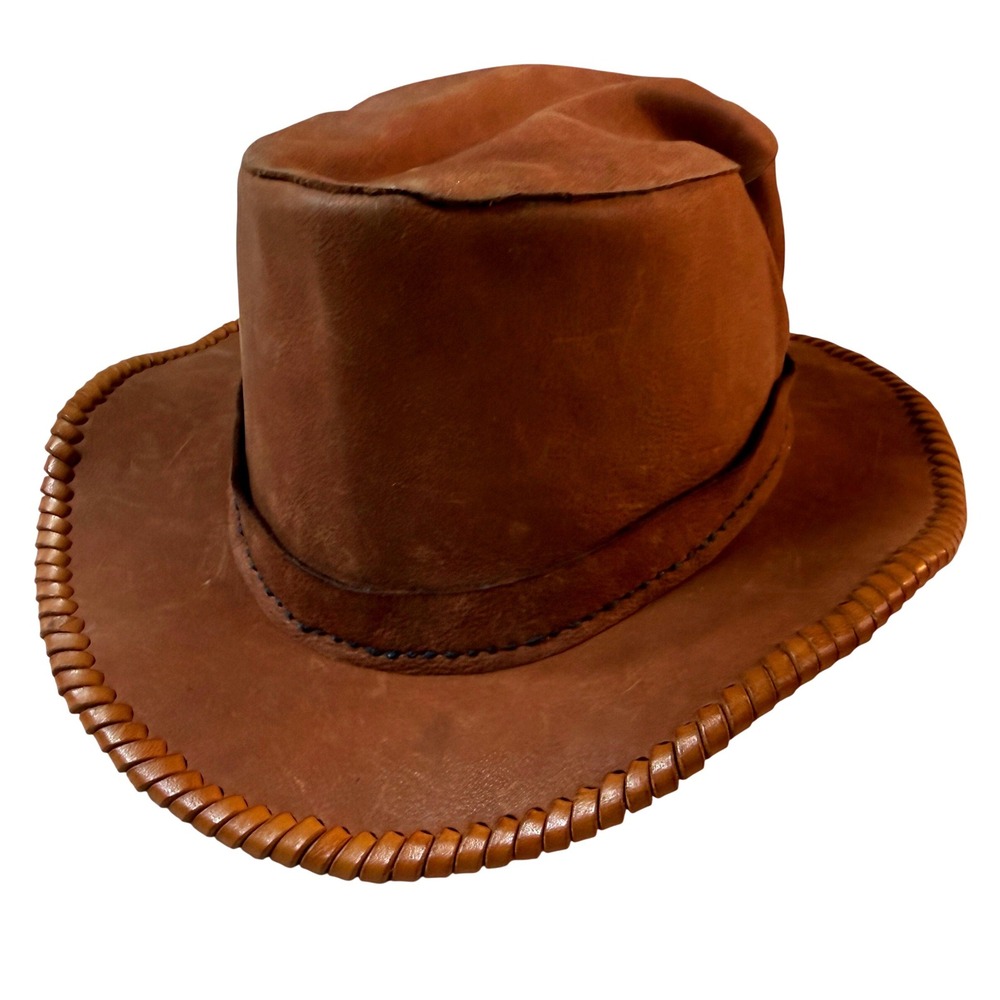 Vintage Cowboy Hat 7‎ 1/4 Handmade Tooled Leather Western Ranch Braided Brim